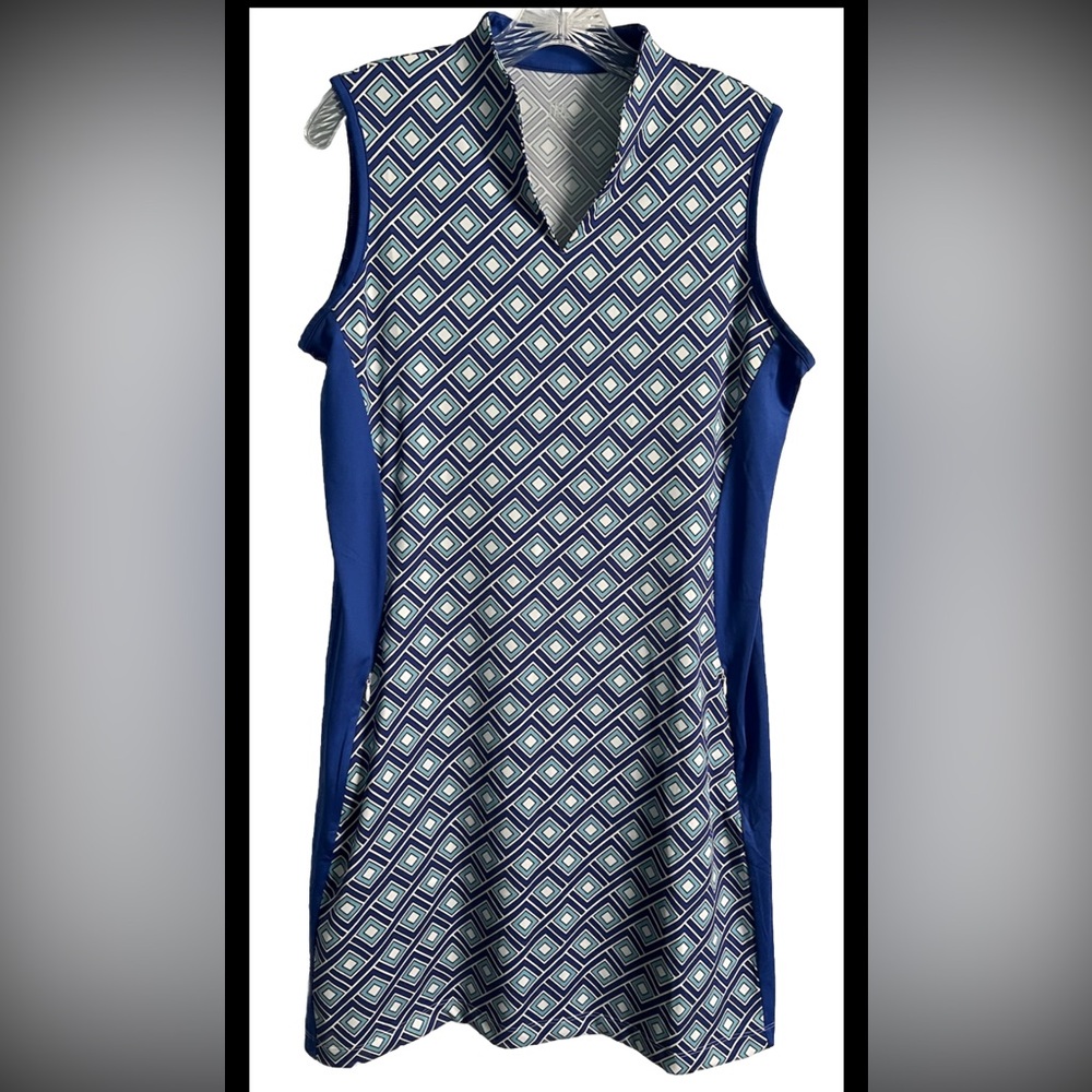 Tail Blue White Geometric Sleeveless Stretch Active Dress Large Pockets EUC